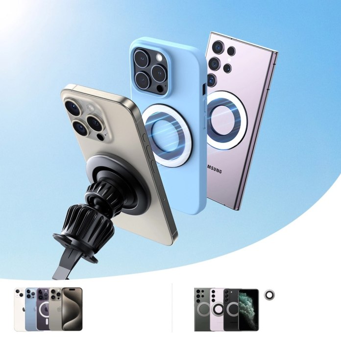 Uchwyt Joyroom JR-ZS406 otoczony wieloma różnymi urządzeniami